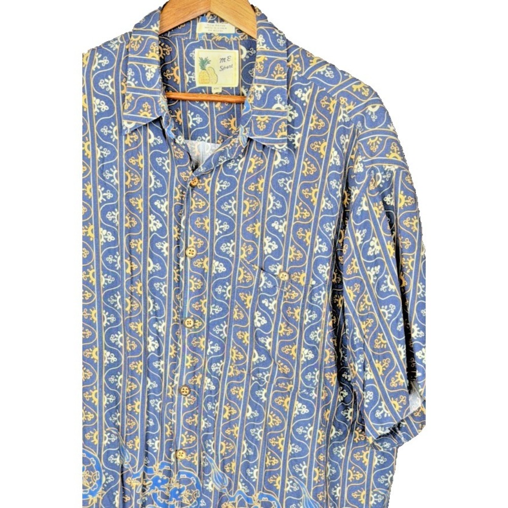 M.E. Sport Vintage Abstract Border Stripe Camp Shirt Rayon XXL Blue